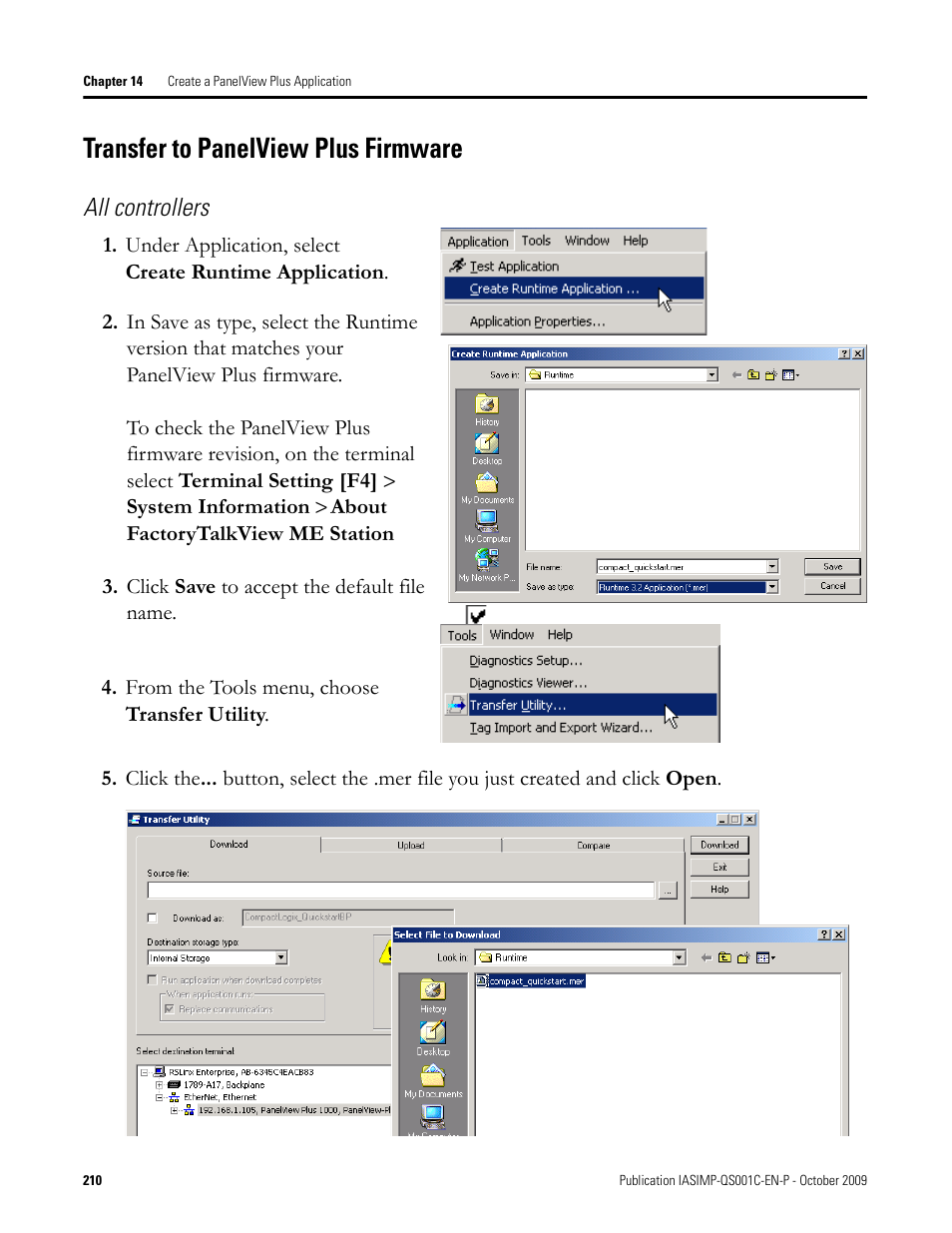Transfer to panelview plus firmware, Transfer to, Panelview plus | All controllers | Rockwell Automation 1769-L3xx CompactLogix System Quick Start User Manual | Page 210 / 219