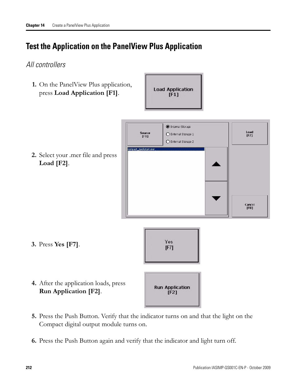 Test the application, On the panelview, Plus application | All controllers | Rockwell Automation 1769-L3xx CompactLogix System Quick Start User Manual | Page 212 / 219