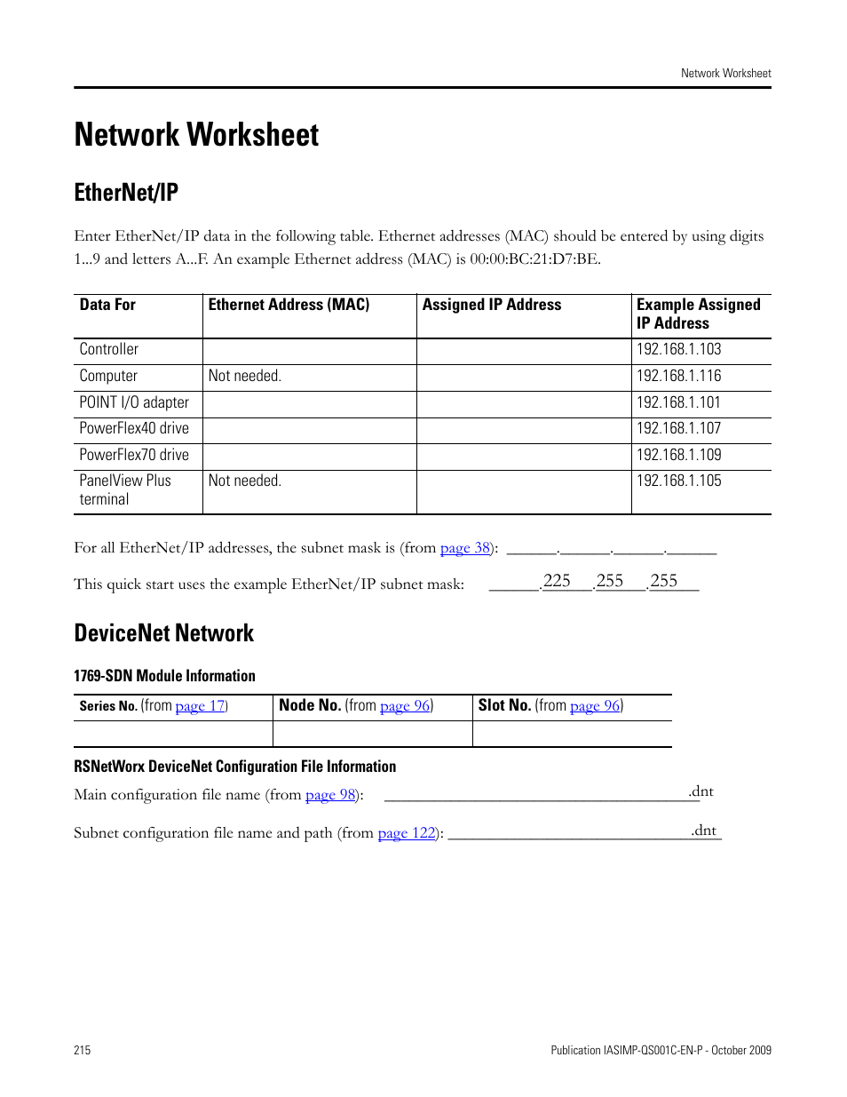 Network worksheet, Ethernet/ip, Devicenet network | 1769-sdn module information, Rsnetworx devicenet configuration file information, U recorded these addresses in the, Ou wrote on the, Network, Worksheet, On the bac | Rockwell Automation 1769-L3xx CompactLogix System Quick Start User Manual | Page 215 / 219