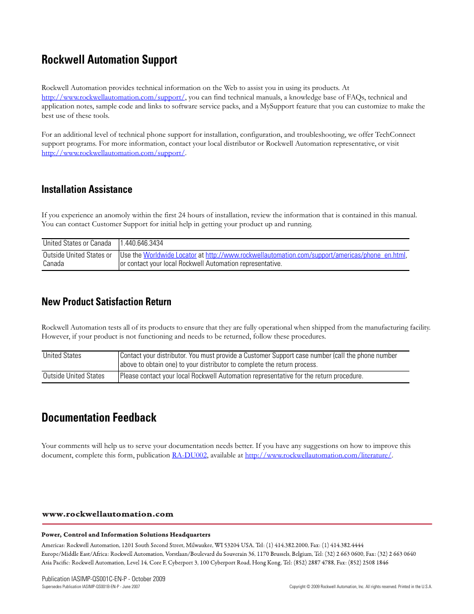 Back cover, Rockwell automation support, Documentation feedback | Installation assistance, New product satisfaction return | Rockwell Automation 1769-L3xx CompactLogix System Quick Start User Manual | Page 218 / 219