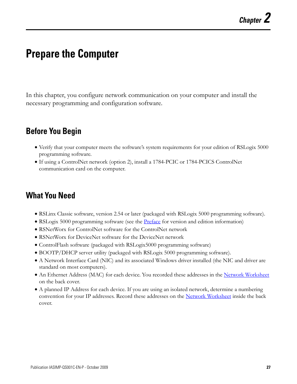 Prepare the computer, Before you begin, What you need | Chapter 2, Before you begin what you need, Chapter | Rockwell Automation 1769-L3xx CompactLogix System Quick Start User Manual | Page 27 / 219