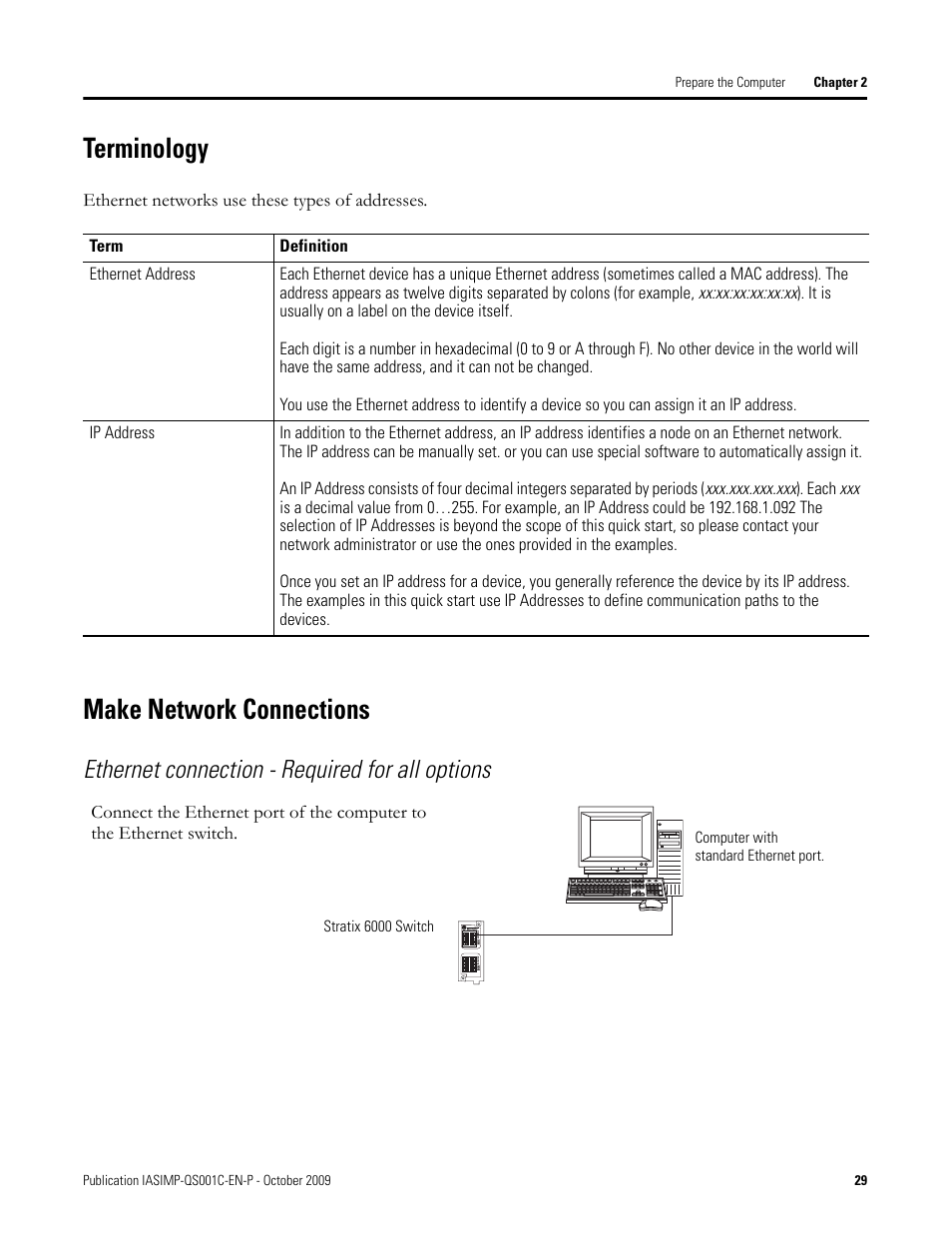 Terminology, Make network connections, Terminology make network connections | Ethernet connection - required for all options | Rockwell Automation 1769-L3xx CompactLogix System Quick Start User Manual | Page 29 / 219