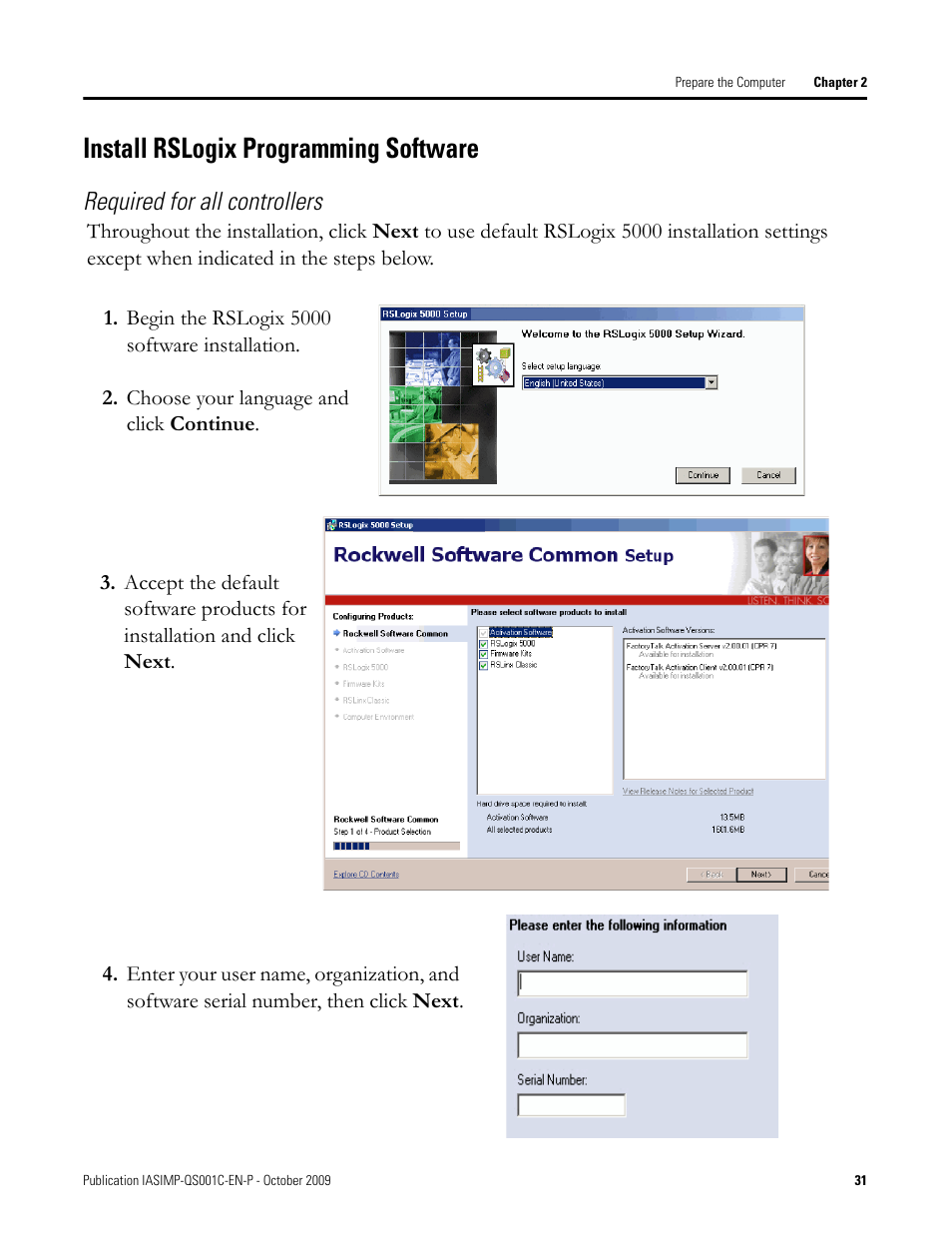 Install rslogix programming software, Install rslogix, Programming | Software, Required for all controllers | Rockwell Automation 1769-L3xx CompactLogix System Quick Start User Manual | Page 31 / 219