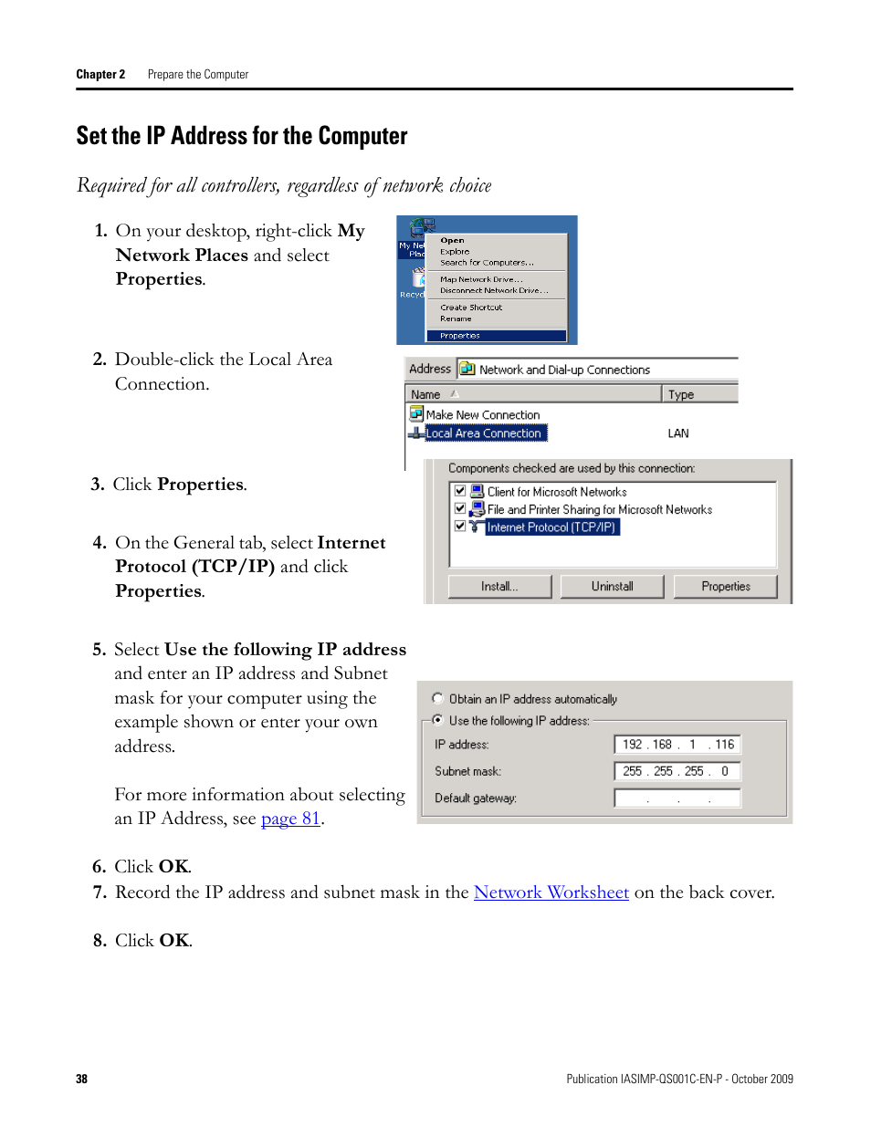 Set the ip address for the computer | Rockwell Automation 1769-L3xx CompactLogix System Quick Start User Manual | Page 38 / 219