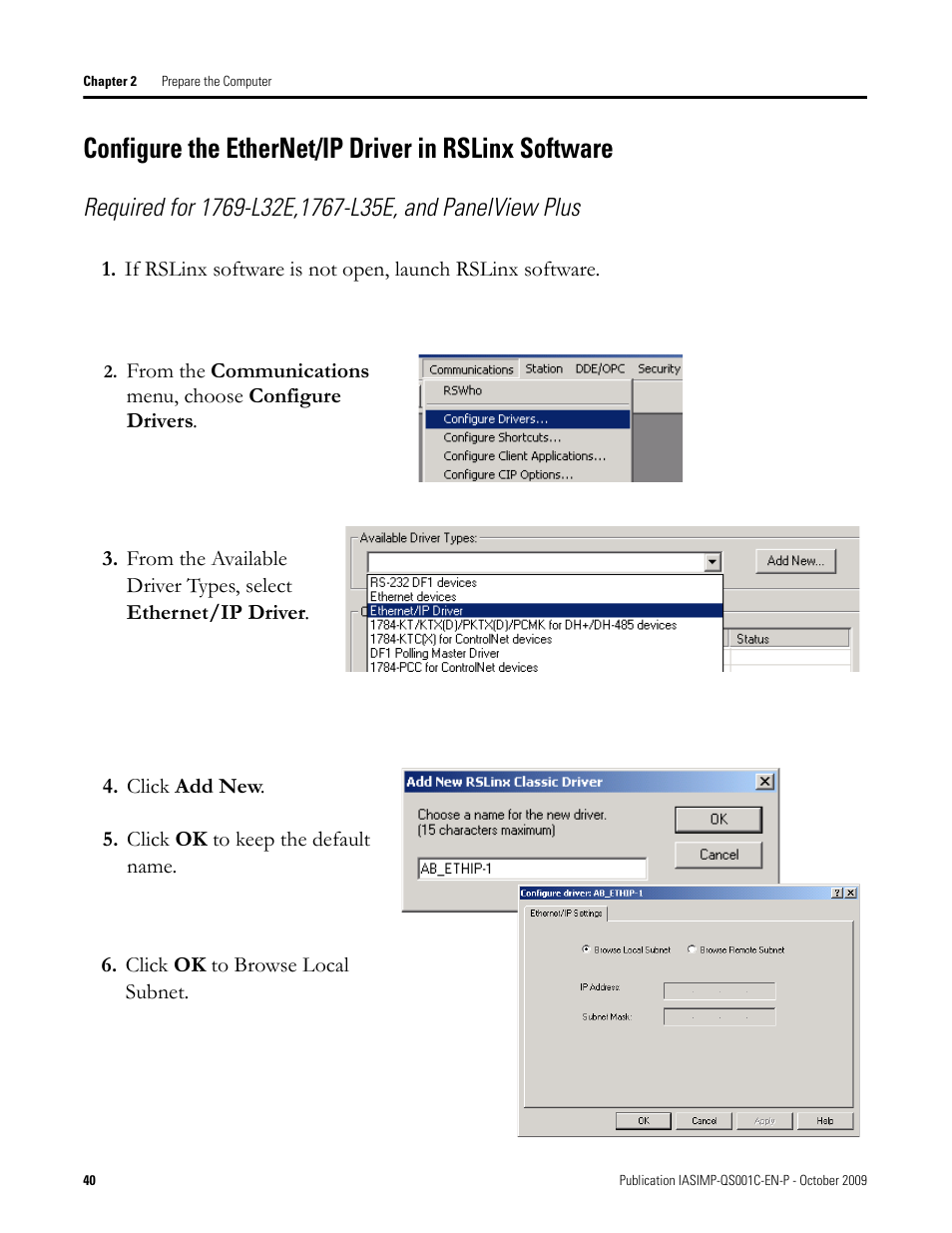 Configure the, Ethernet/ip, Driver in rslinx | Rockwell Automation 1769-L3xx CompactLogix System Quick Start User Manual | Page 40 / 219