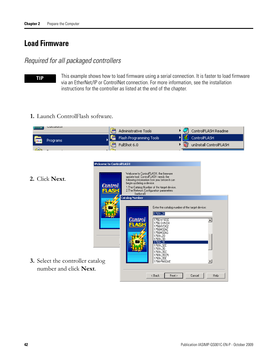 Load firmware, Required for all packaged controllers | Rockwell Automation 1769-L3xx CompactLogix System Quick Start User Manual | Page 42 / 219