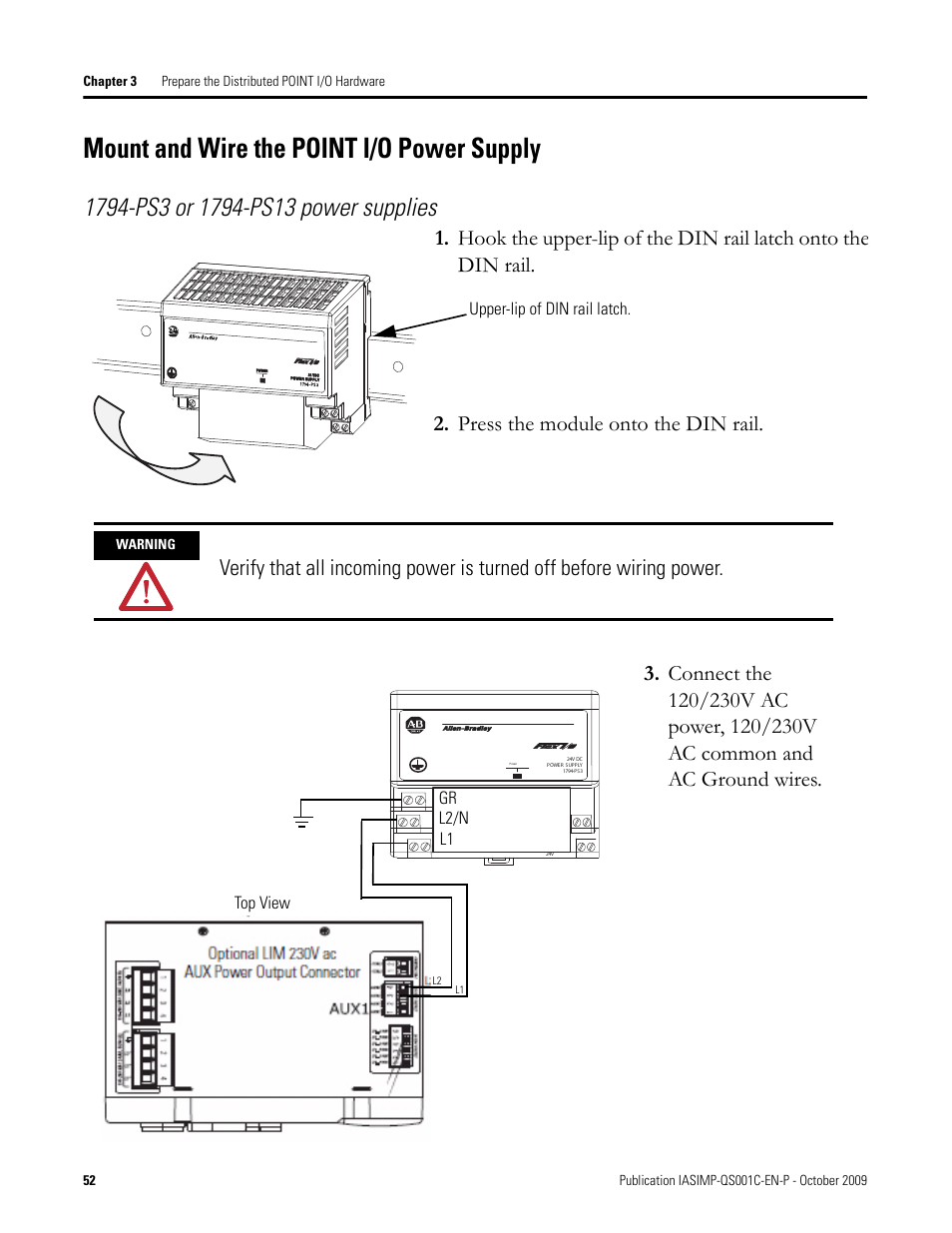 Mount and wire the point i/o power supply, Mount and wire the, Point i/o power | Supply, Upper-lip of din rail latch, Gr l2/n l1, Top view, Warning | Rockwell Automation 1769-L3xx CompactLogix System Quick Start User Manual | Page 52 / 219