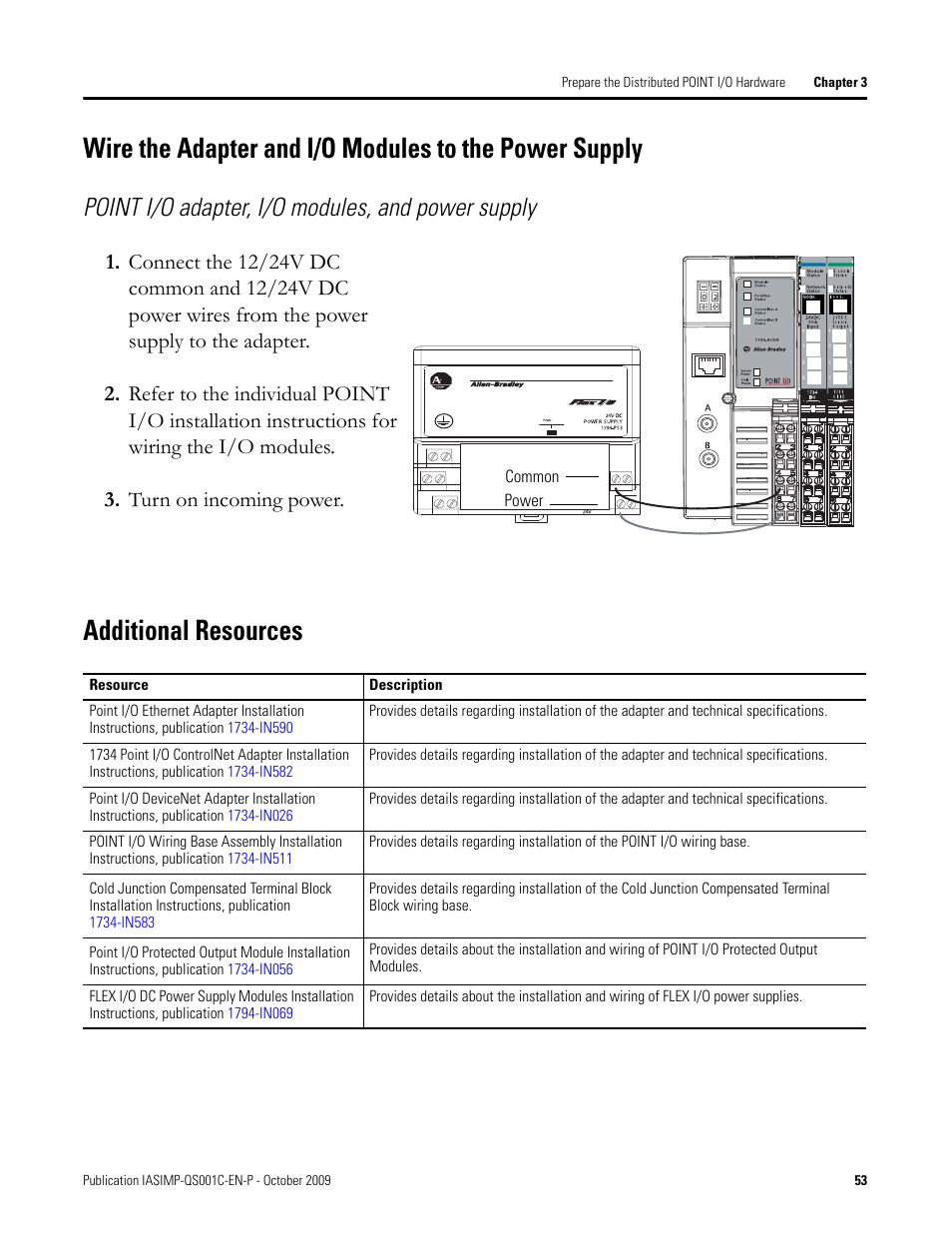 Additional resources, Wire the adapter, And i/o modules to | The power supply, Point i/o adapter, i/o modules, and power supply | Rockwell Automation 1769-L3xx CompactLogix System Quick Start User Manual | Page 53 / 219