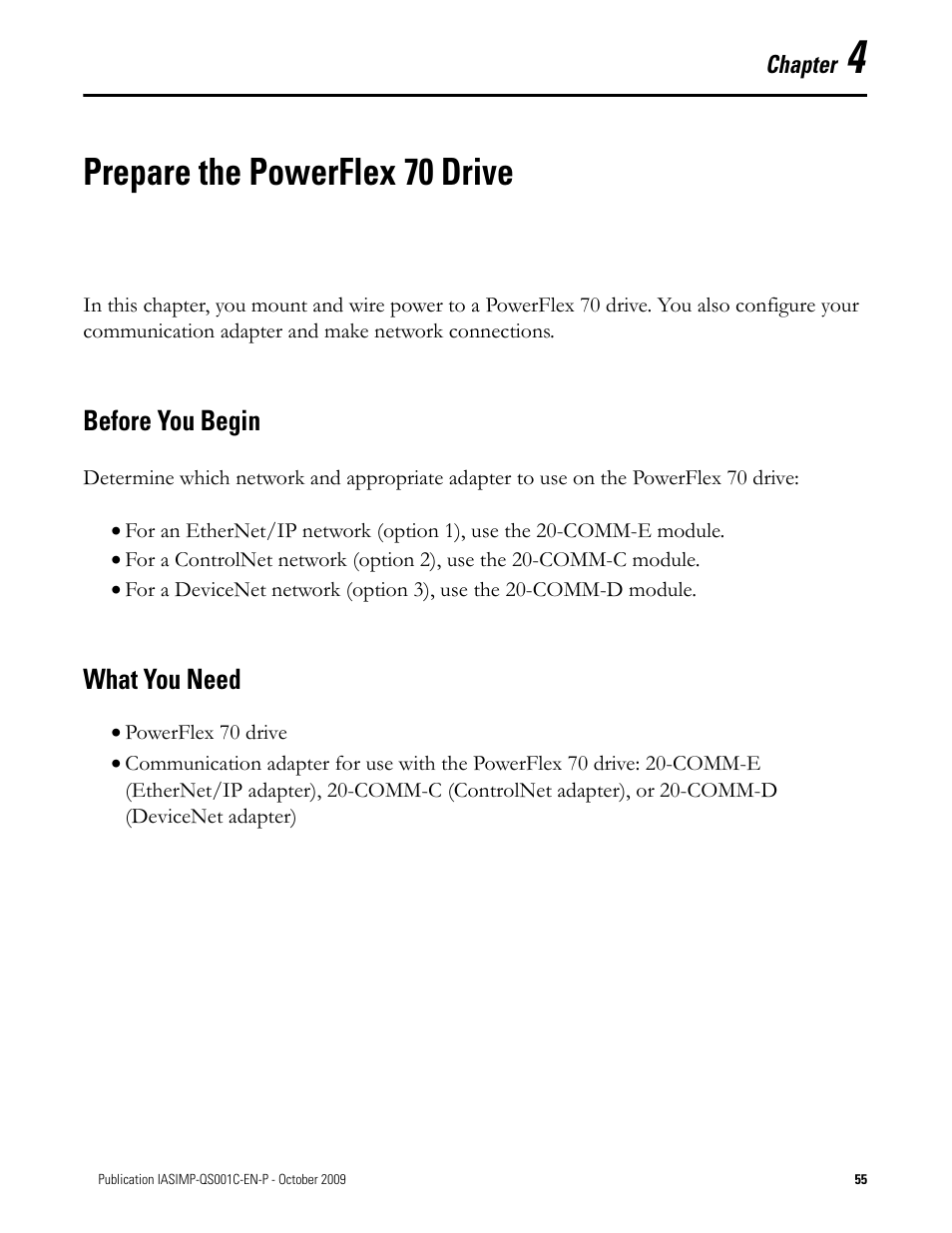 Prepare the powerflex 70 drive, Before you begin, What you need | Chapter 4, Prepare the powerflex 70, Drive, Before you begin what you need | Rockwell Automation 1769-L3xx CompactLogix System Quick Start User Manual | Page 55 / 219