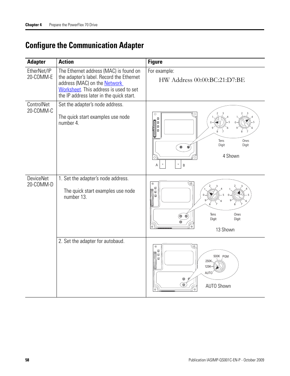 Configure the communication adapter, Configure the, Communication | Adapter, 4 shown, 13 shown, Auto shown | Rockwell Automation 1769-L3xx CompactLogix System Quick Start User Manual | Page 58 / 219