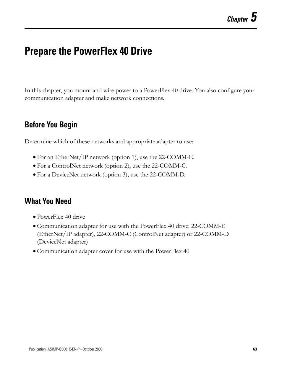 Prepare the powerflex 40 drive, Before you begin, What you need | Chapter 5, Prepare the powerflex 40, Drive, Before you begin what you need | Rockwell Automation 1769-L3xx CompactLogix System Quick Start User Manual | Page 63 / 219