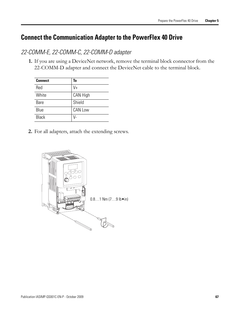 Connect the, Communication, Adapter to the | Powerflex 40 drive, Comm-e, 22-comm-c, 22-comm-d adapter | Rockwell Automation 1769-L3xx CompactLogix System Quick Start User Manual | Page 67 / 219