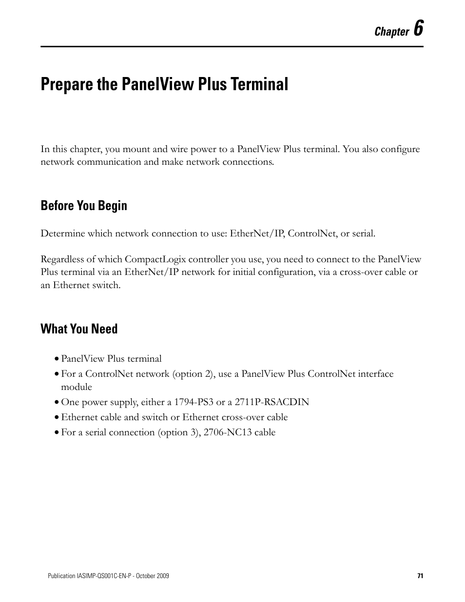 Prepare the panelview plus terminal, Before you begin, What you need | Chapter 6, Prepare the panelview plus, Terminal, Before you begin what you need | Rockwell Automation 1769-L3xx CompactLogix System Quick Start User Manual | Page 71 / 219