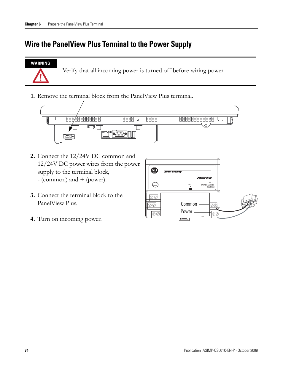 Wire the, Panelview plus, Terminal to the | Common power, Warning | Rockwell Automation 1769-L3xx CompactLogix System Quick Start User Manual | Page 74 / 219