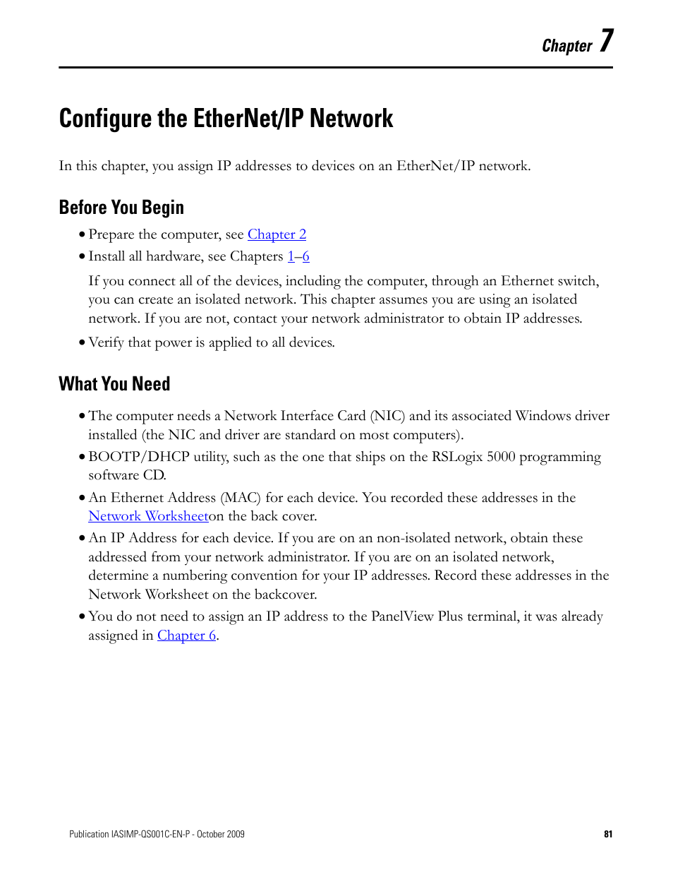 Configure the ethernet/ip network, Before you begin, What you need | Chapter 7, Configure the ethernet/ip, Network, Before you begin what you need | Rockwell Automation 1769-L3xx CompactLogix System Quick Start User Manual | Page 81 / 219