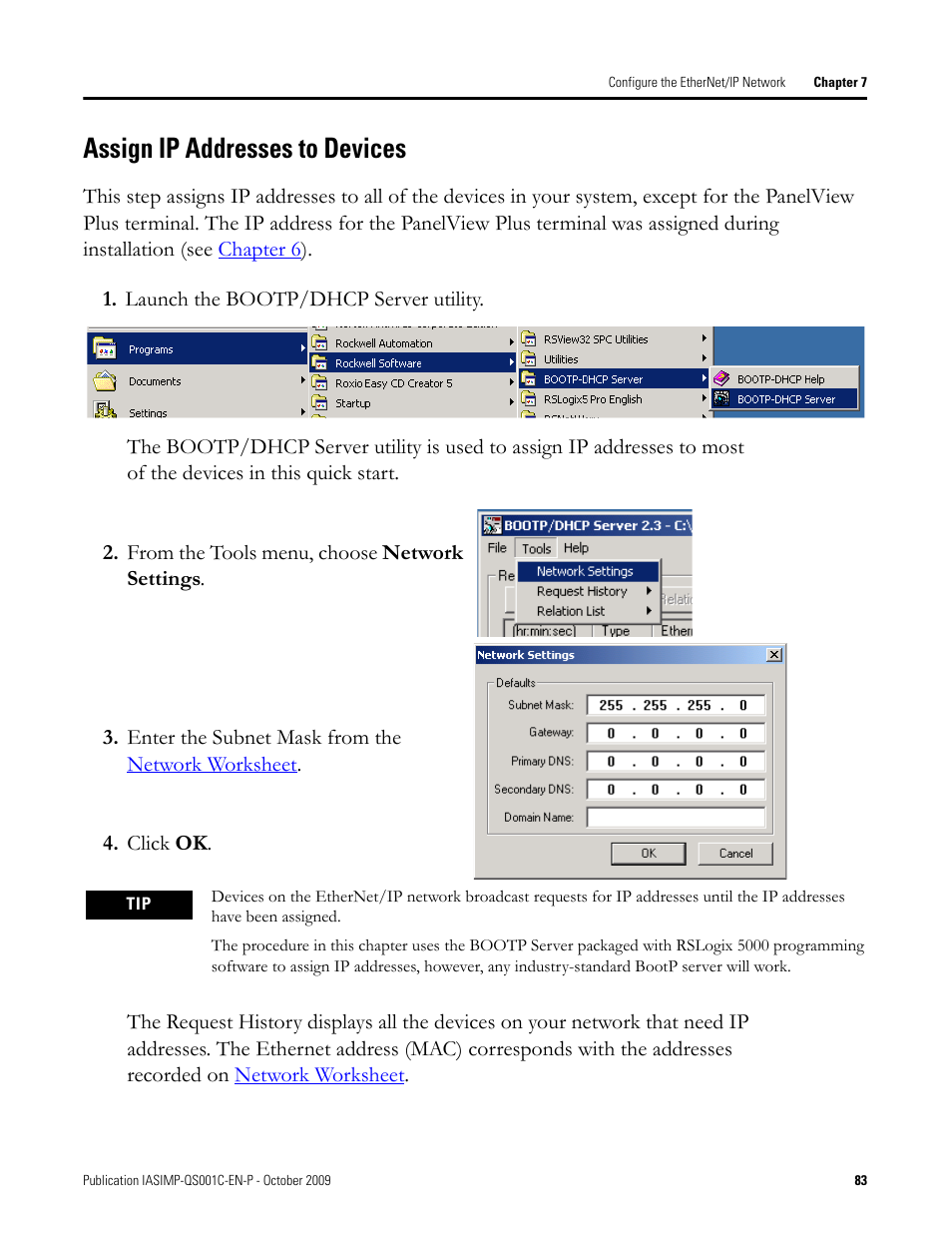 Assign ip addresses to devices, Chapter 7, Assign ip addresses | To devices | Rockwell Automation 1769-L3xx CompactLogix System Quick Start User Manual | Page 83 / 219