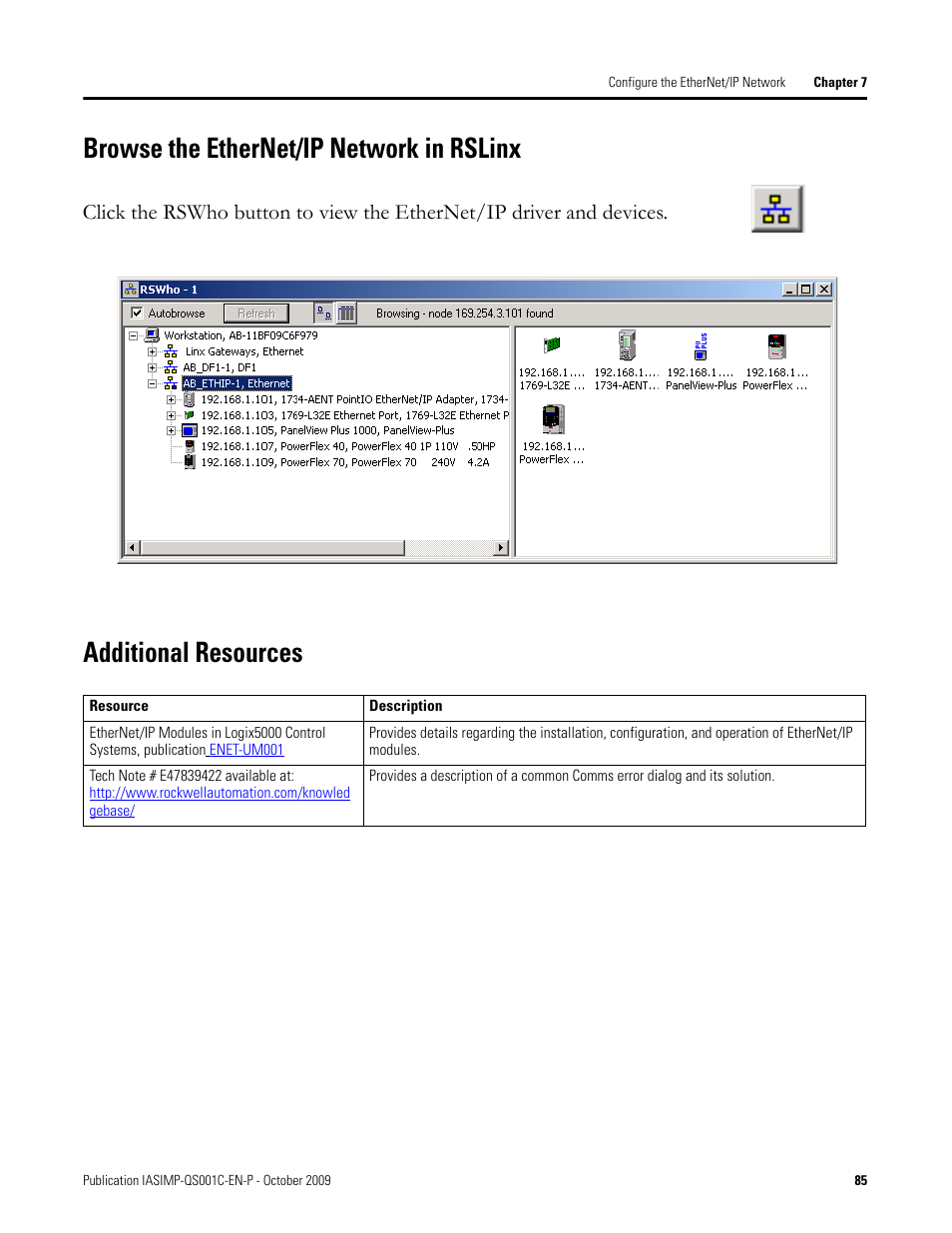 Browse the ethernet/ip network in rslinx, Additional resources, Browse the | Ethernet/ip, Network in rslinx | Rockwell Automation 1769-L3xx CompactLogix System Quick Start User Manual | Page 85 / 219