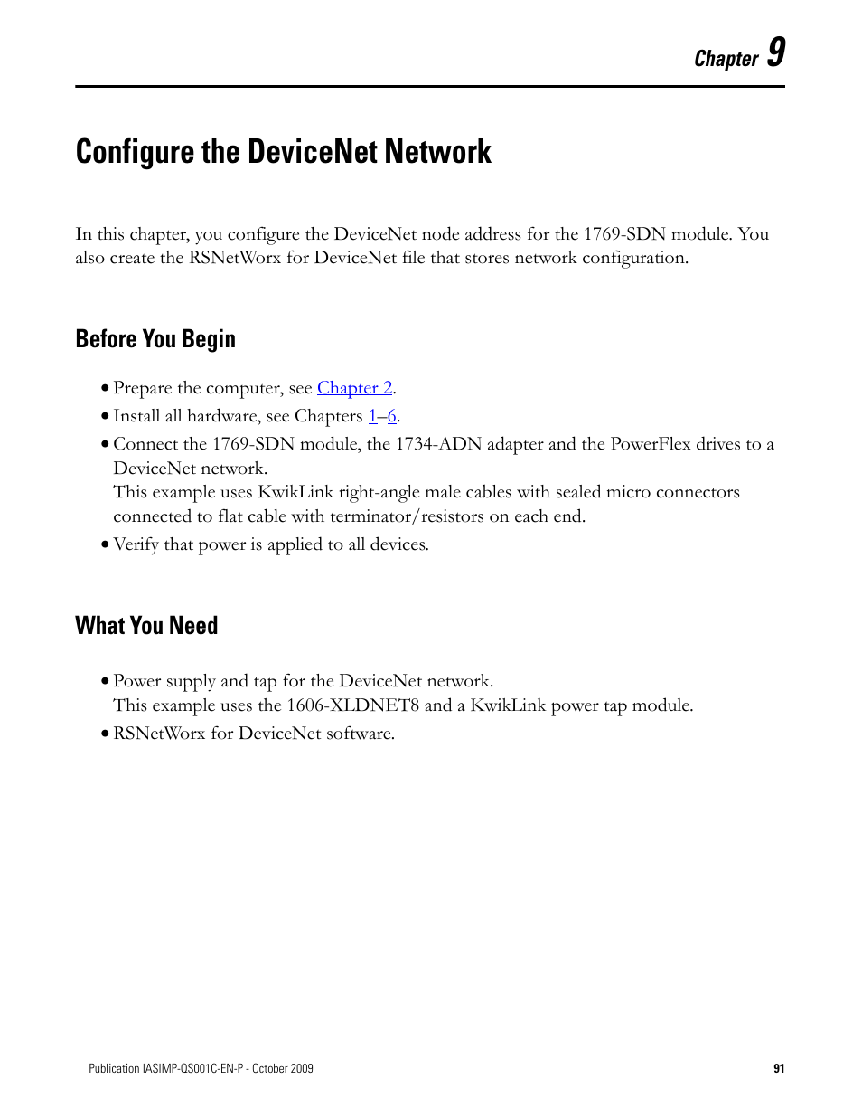 Configure the devicenet network, Before you begin, What you need | Chapter 9, Configure the devicenet, Network, Before you begin what you need | Rockwell Automation 1769-L3xx CompactLogix System Quick Start User Manual | Page 91 / 219