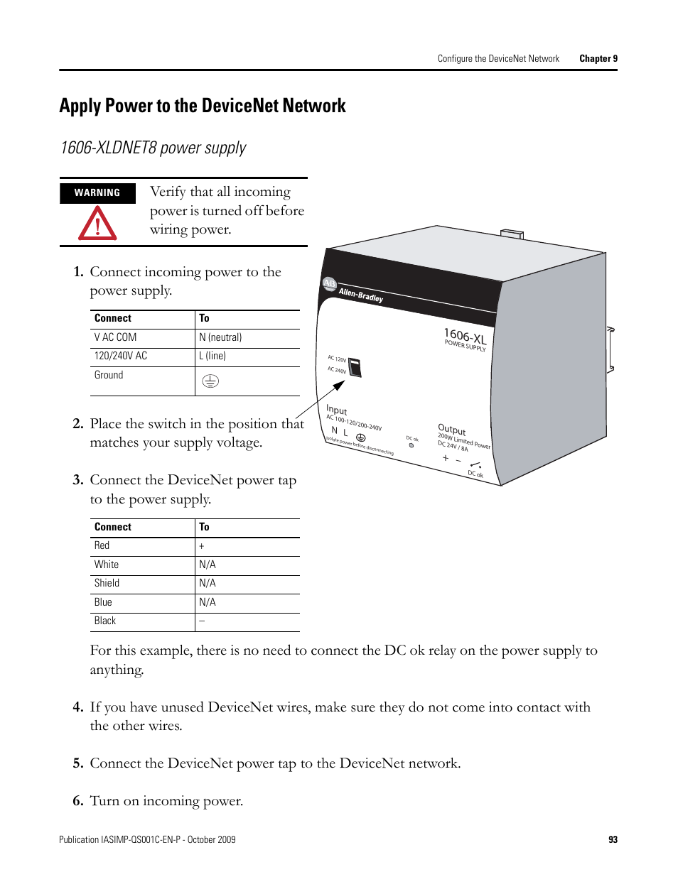 Apply power to the devicenet network, Apply power to the, Devicenet network | 1606-xl | Rockwell Automation 1769-L3xx CompactLogix System Quick Start User Manual | Page 93 / 219