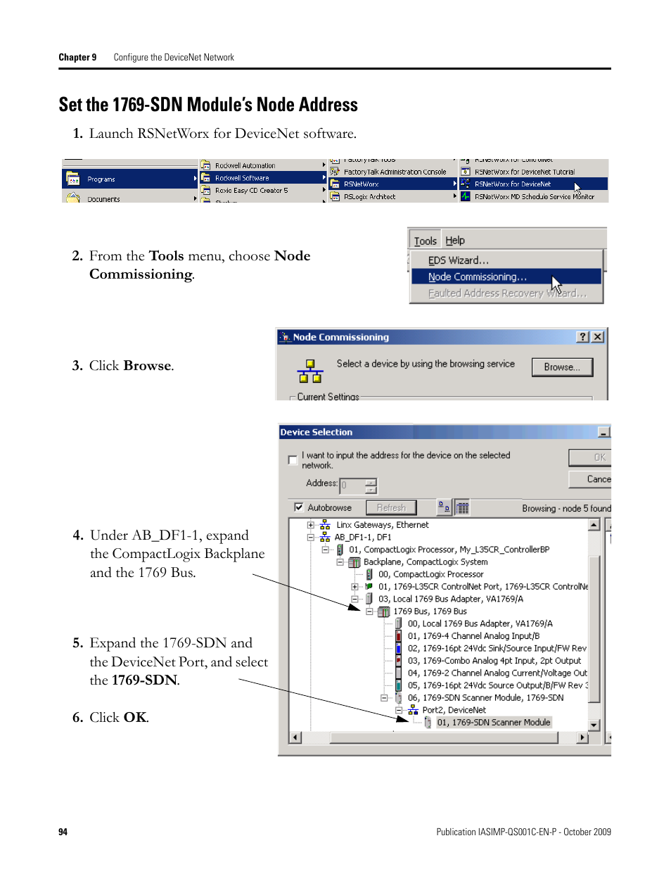 Set the 1769-sdn module’s node address, Set the 1769-sdn, Module’s node | Address | Rockwell Automation 1769-L3xx CompactLogix System Quick Start User Manual | Page 94 / 219