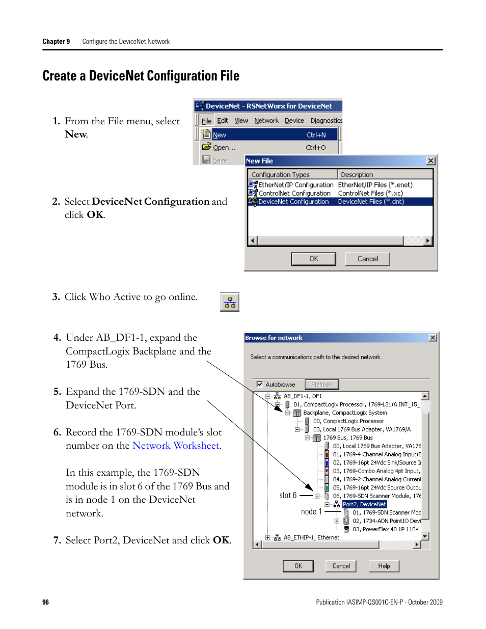 Create a devicenet configuration file, Create a devicenet, Configuration file | Rockwell Automation 1769-L3xx CompactLogix System Quick Start User Manual | Page 96 / 219