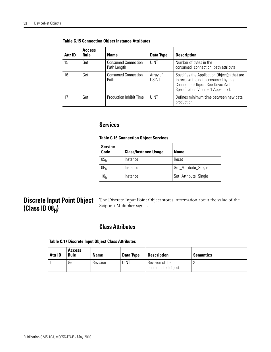 Services, Discrete input point object (class id 08h), Class attributes | Discrete input point object (class id 08 | Rockwell Automation 1440-TPS02-01RB XM-320 Position Module User Manual | Page 100 / 127