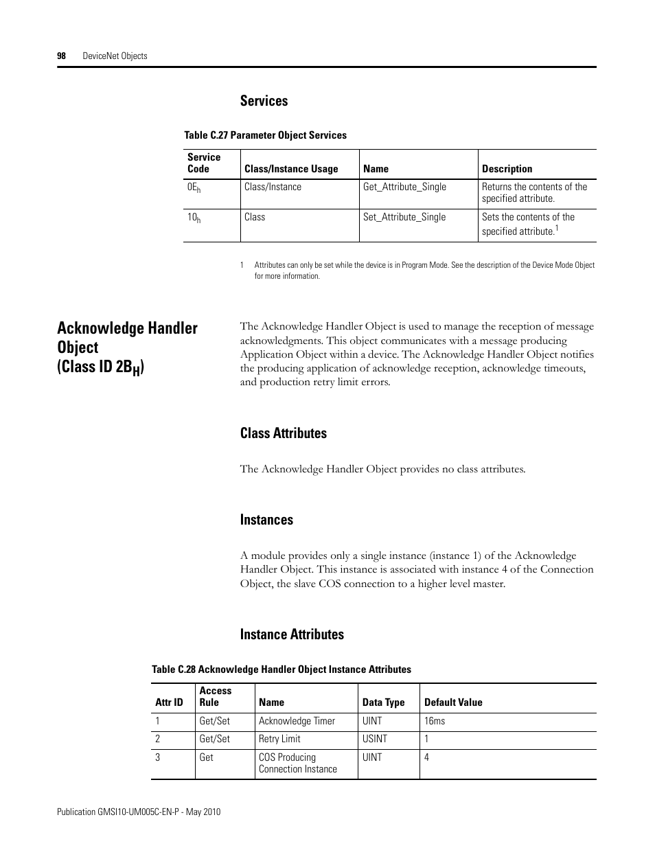 Services, Acknowledge handler object (class id 2bh), Class attributes | Instances, Instance attributes, Class attributes instances instance attributes, Acknowledge handler object (class id 2b | Rockwell Automation 1440-TPS02-01RB XM-320 Position Module User Manual | Page 106 / 127