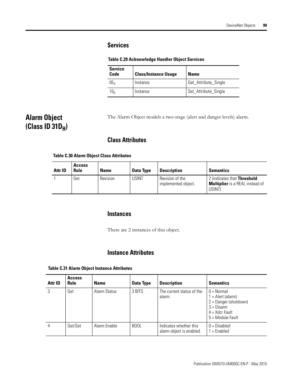 Services, Alarm object (class id 31dh), Class attributes | Instances, Instance attributes, Class attributes instances instance attributes, Alarm object (class id 31d, Class attributes instances | Rockwell Automation 1440-TPS02-01RB XM-320 Position Module User Manual | Page 107 / 127