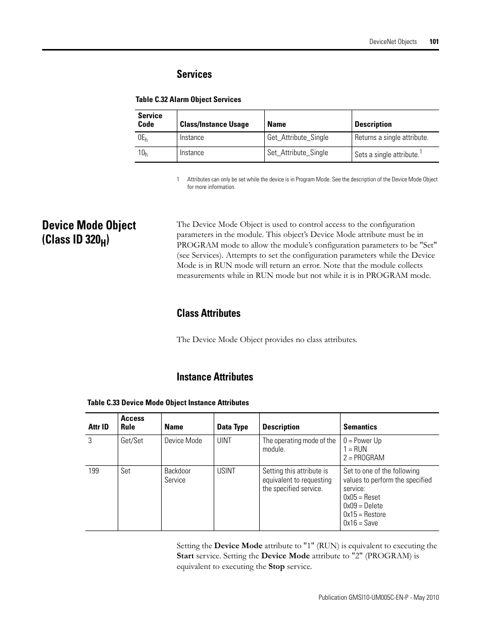 Services, Device mode object (class id 320h), Class attributes | Instance attributes, Class attributes instance attributes, Device mode object (class id 320 | Rockwell Automation 1440-TPS02-01RB XM-320 Position Module User Manual | Page 109 / 127