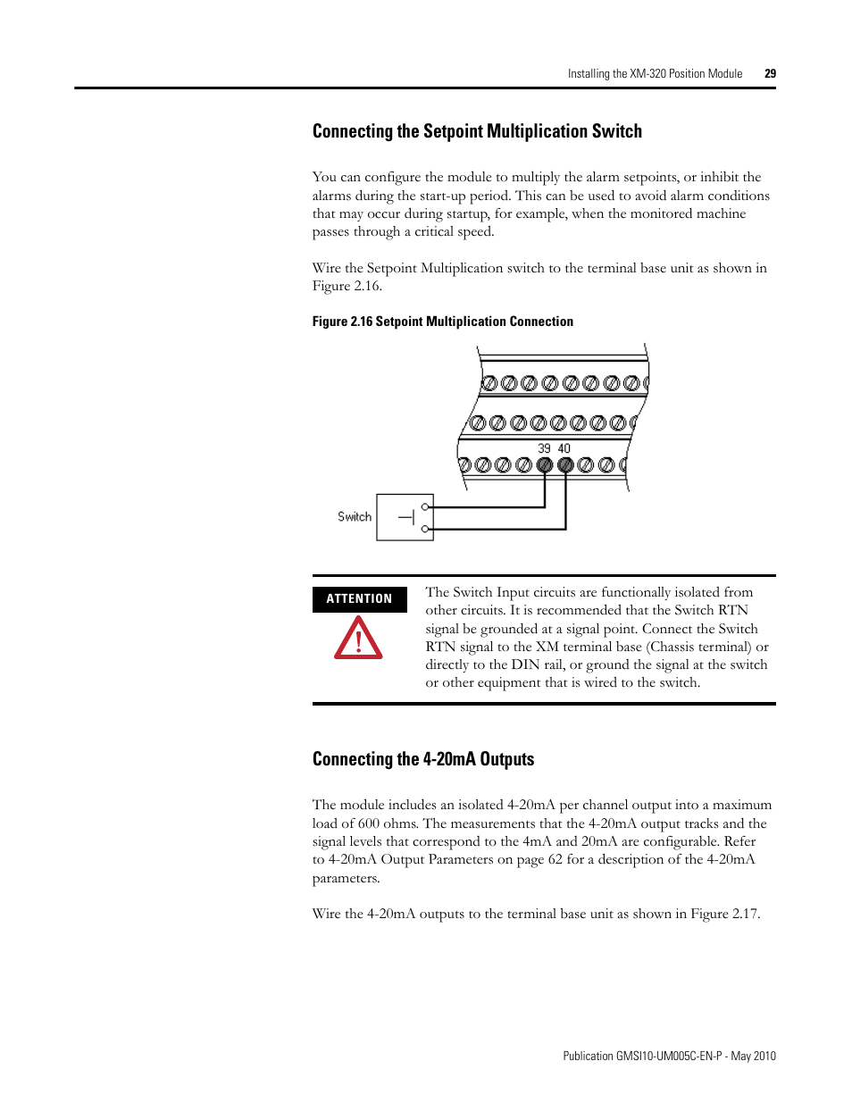 Connecting the setpoint multiplication switch, Connecting the 4-20ma outputs | Rockwell Automation 1440-TPS02-01RB XM-320 Position Module User Manual | Page 37 / 127