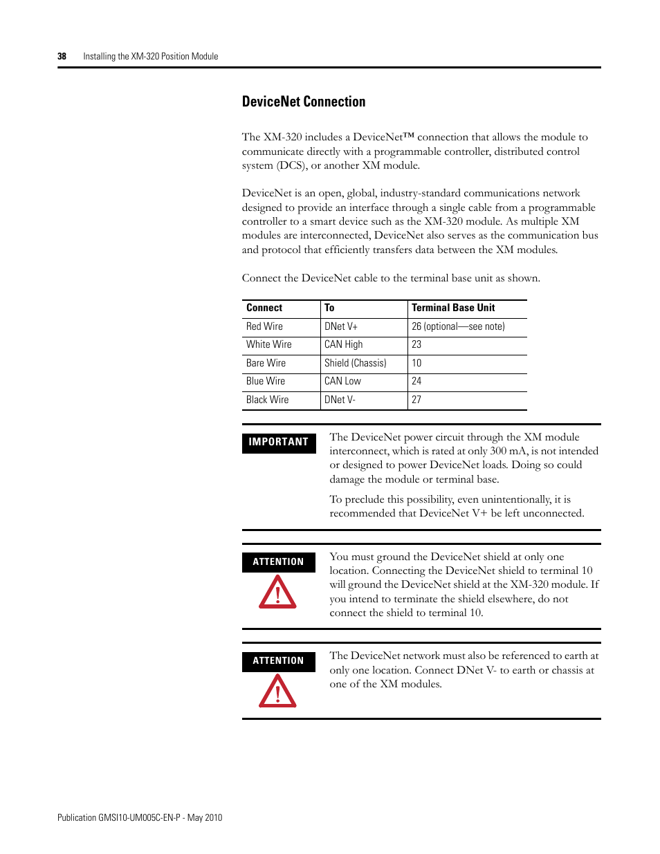 Devicenet connection | Rockwell Automation 1440-TPS02-01RB XM-320 Position Module User Manual | Page 46 / 127