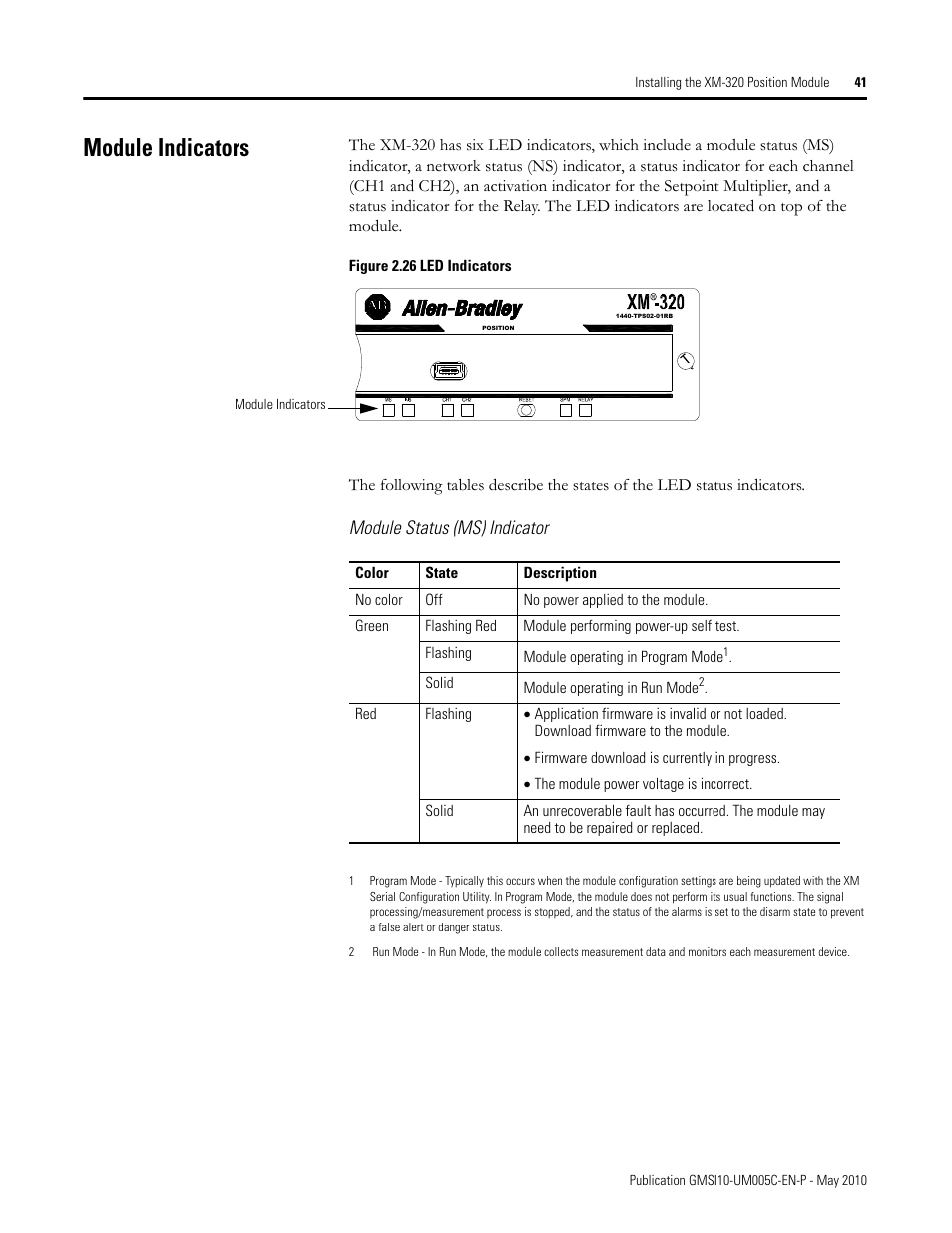Module indicators, Module status (ms) indicator | Rockwell Automation 1440-TPS02-01RB XM-320 Position Module User Manual | Page 49 / 127