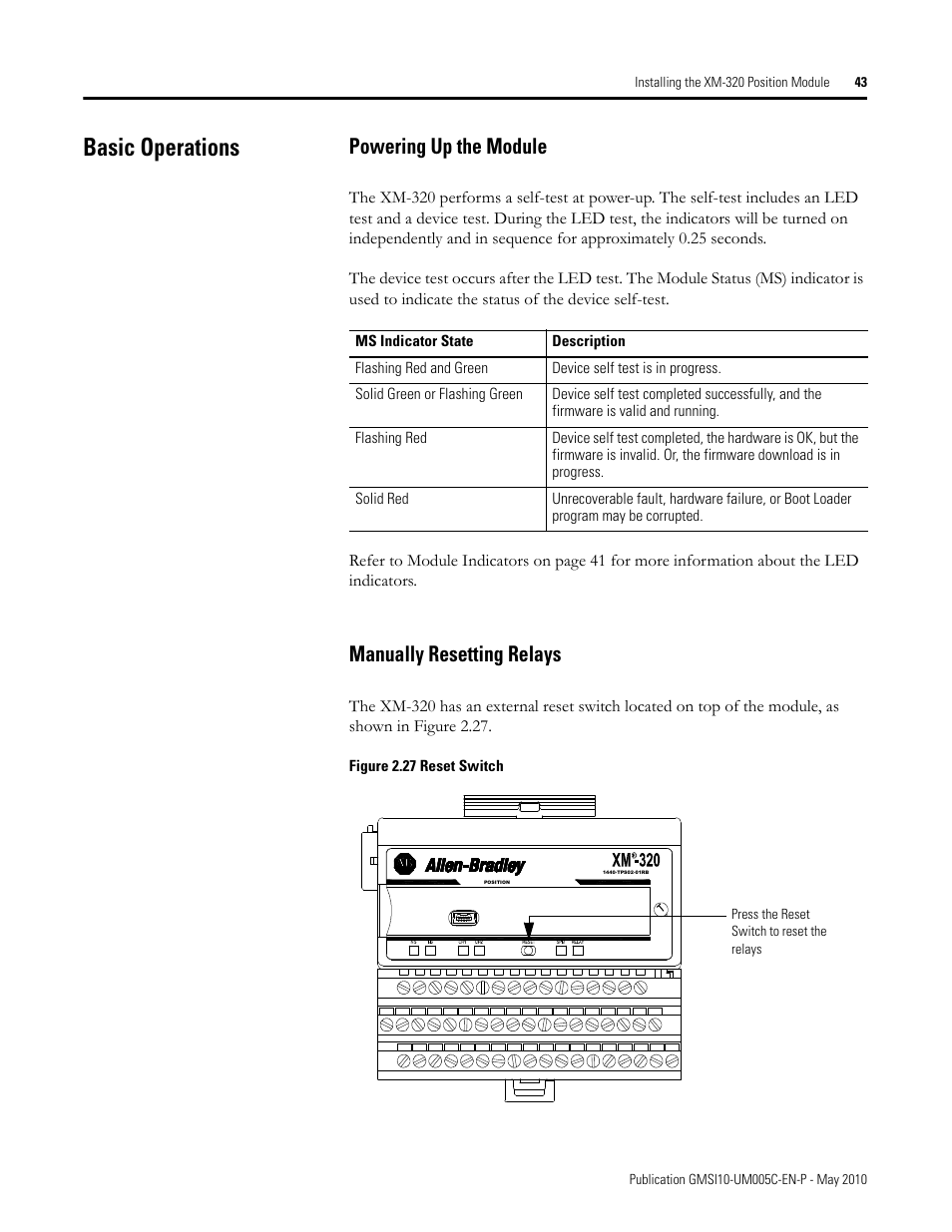 Basic operations, Powering up the module, Manually resetting relays | Powering up the module manually resetting relays | Rockwell Automation 1440-TPS02-01RB XM-320 Position Module User Manual | Page 51 / 127