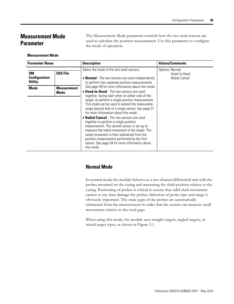 Measurement mode parameter, Normal mode | Rockwell Automation 1440-TPS02-01RB XM-320 Position Module User Manual | Page 57 / 127