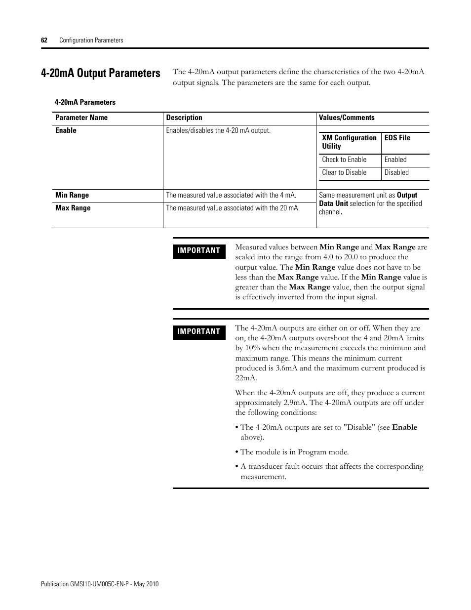 20ma output parameters | Rockwell Automation 1440-TPS02-01RB XM-320 Position Module User Manual | Page 70 / 127