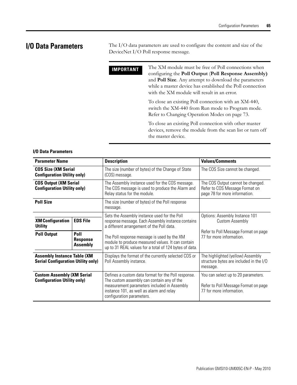 I/o data parameters | Rockwell Automation 1440-TPS02-01RB XM-320 Position Module User Manual | Page 73 / 127