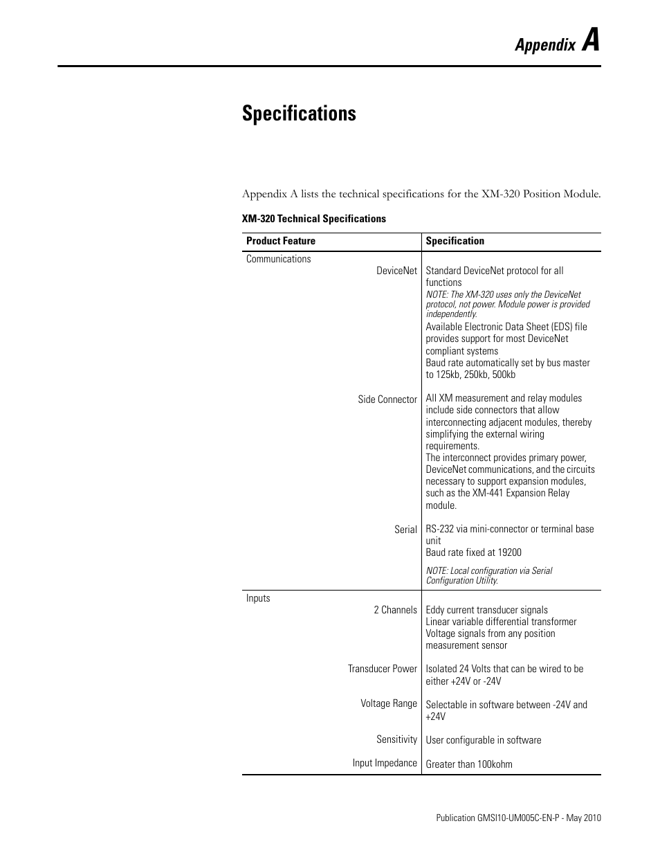 Specifications, Appendix a, Appendix | Rockwell Automation 1440-TPS02-01RB XM-320 Position Module User Manual | Page 77 / 127