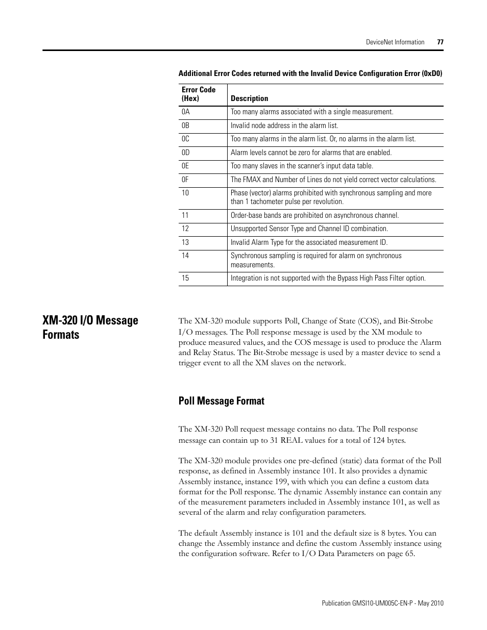 Xm-320 i/o message formats, Poll message format | Rockwell Automation 1440-TPS02-01RB XM-320 Position Module User Manual | Page 85 / 127