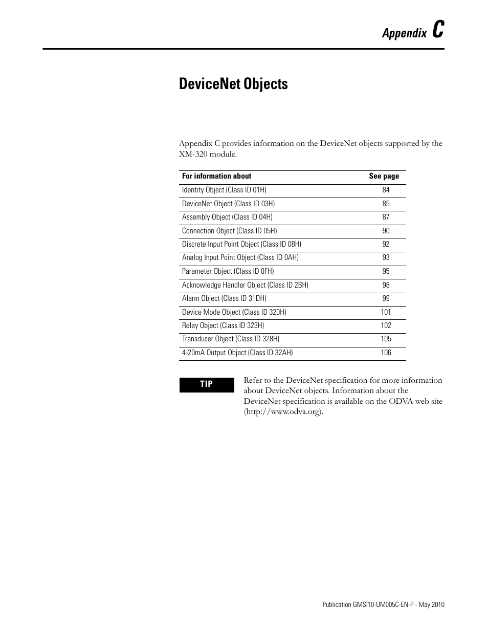 Devicenet objects, Appendix c, Appendix | Rockwell Automation 1440-TPS02-01RB XM-320 Position Module User Manual | Page 91 / 127