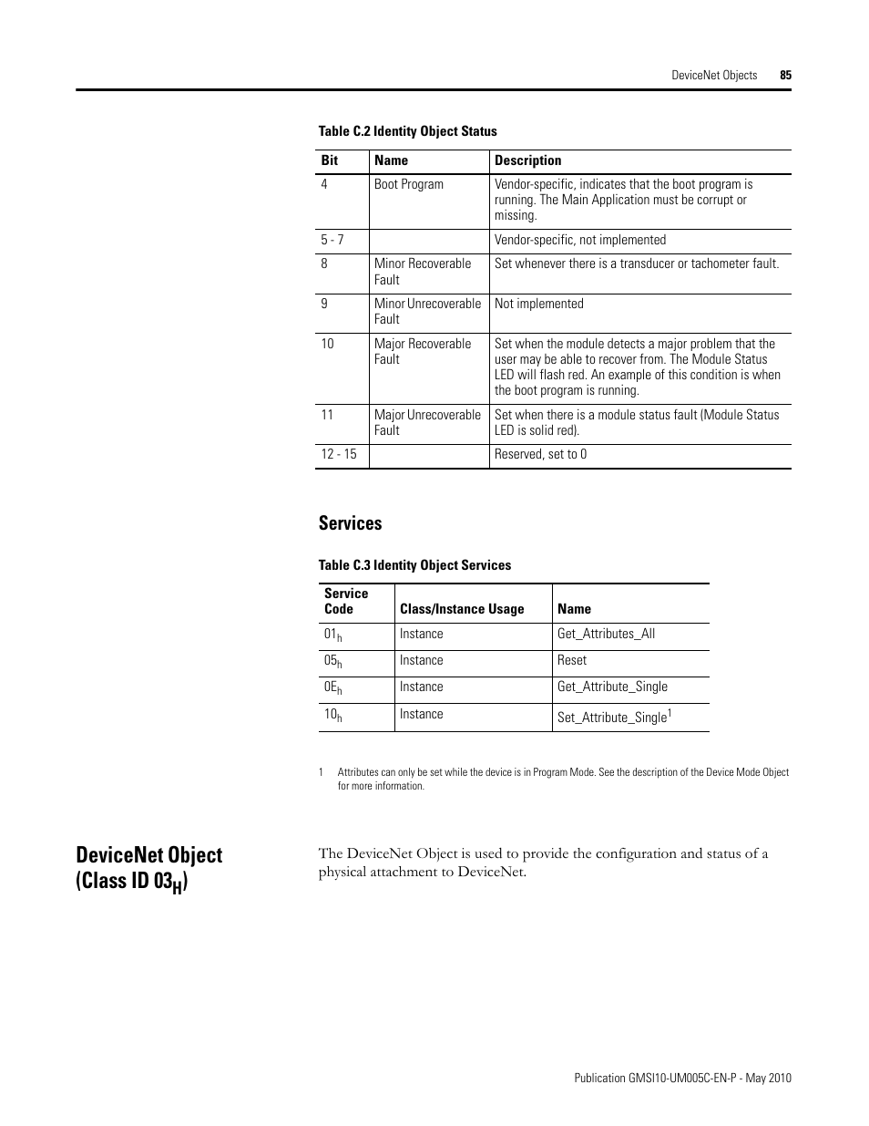 Services, Devicenet object (class id 03h), Devicenet object (class id 03 | Rockwell Automation 1440-TPS02-01RB XM-320 Position Module User Manual | Page 93 / 127