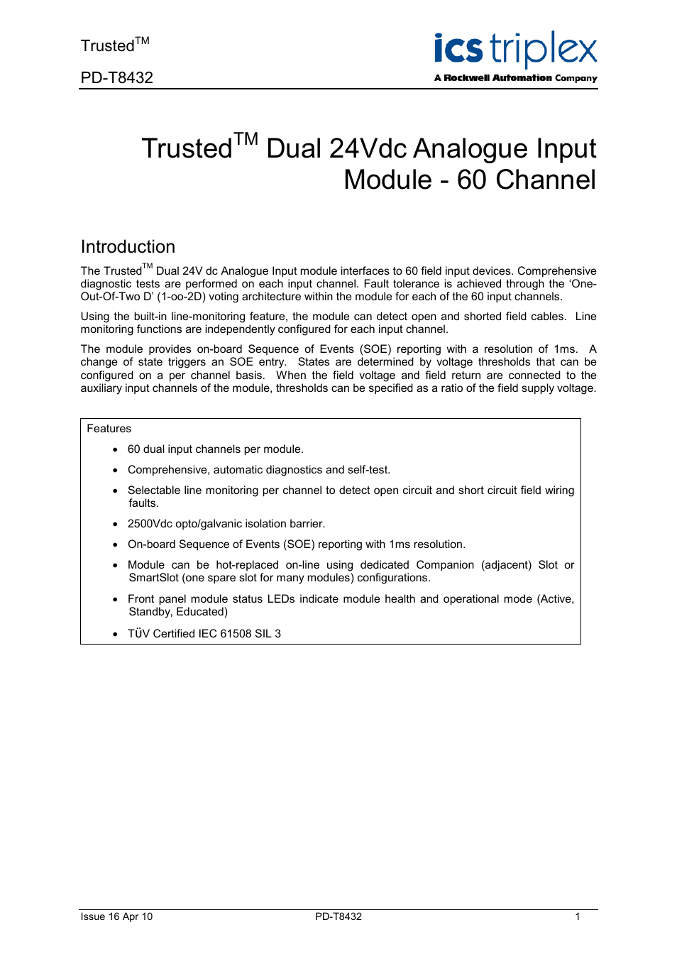 Rockwell Automation T8432 Trusted Dual Vdc Analogue Input Module - 60 Channel User Manual | 33 pages