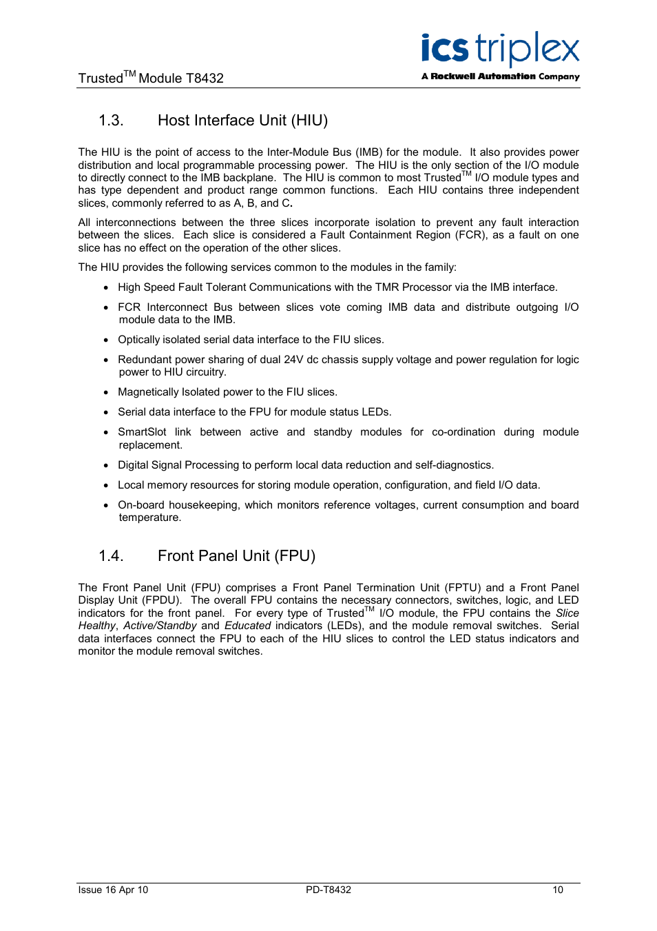 Host interface unit (hiu), Front panel unit (fpu) | Rockwell Automation T8432 Trusted Dual Vdc Analogue Input Module - 60 Channel User Manual | Page 10 / 33