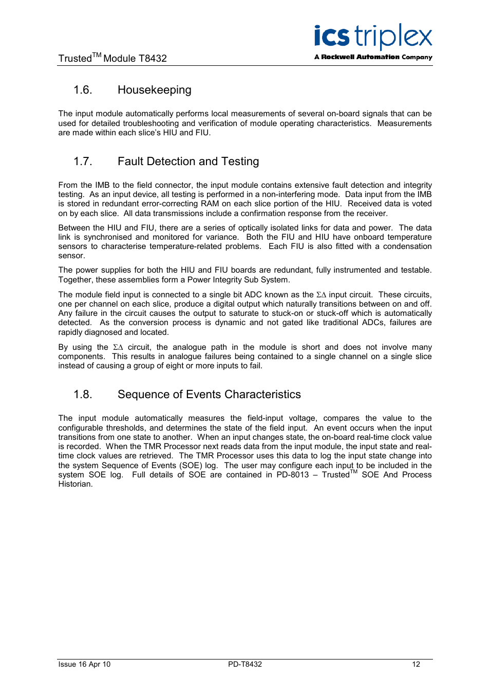 Housekeeping, Fault detection and testing, Sequence of events characteristics | Rockwell Automation T8432 Trusted Dual Vdc Analogue Input Module - 60 Channel User Manual | Page 12 / 33