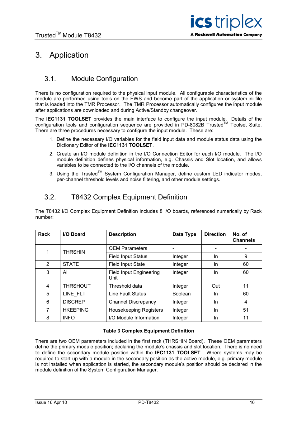 Application, Module configuration, T8432 complex equipment definition | Table 3 complex equipment definition, Trusted, Module t8432 | Rockwell Automation T8432 Trusted Dual Vdc Analogue Input Module - 60 Channel User Manual | Page 16 / 33