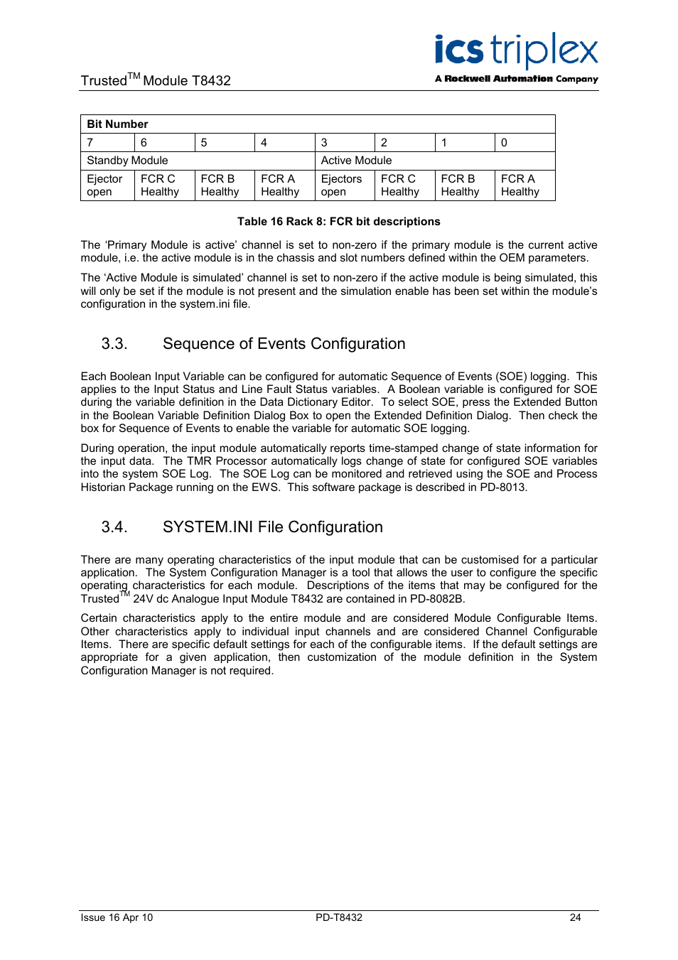 Sequence of events configuration, System.ini file configuration, Table 16 rack 8: fcr bit descriptions | Rockwell Automation T8432 Trusted Dual Vdc Analogue Input Module - 60 Channel User Manual | Page 24 / 33