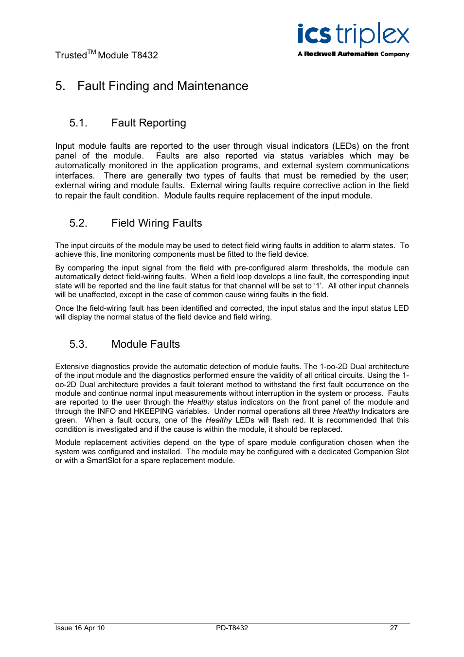 Fault finding and maintenance, Fault reporting, Field wiring faults | Module faults | Rockwell Automation T8432 Trusted Dual Vdc Analogue Input Module - 60 Channel User Manual | Page 27 / 33