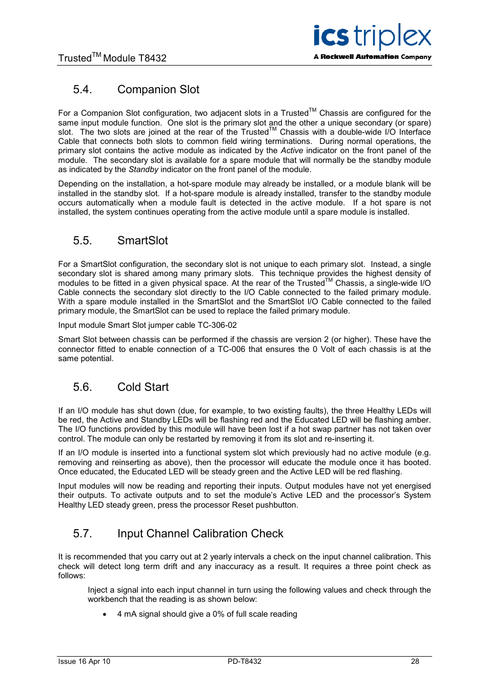 Companion slot, Smartslot, Cold start | Input channel calibration check | Rockwell Automation T8432 Trusted Dual Vdc Analogue Input Module - 60 Channel User Manual | Page 28 / 33