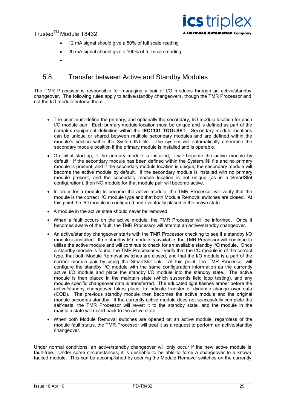 Transfer between active and standby modules | Rockwell Automation T8432 Trusted Dual Vdc Analogue Input Module - 60 Channel User Manual | Page 29 / 33