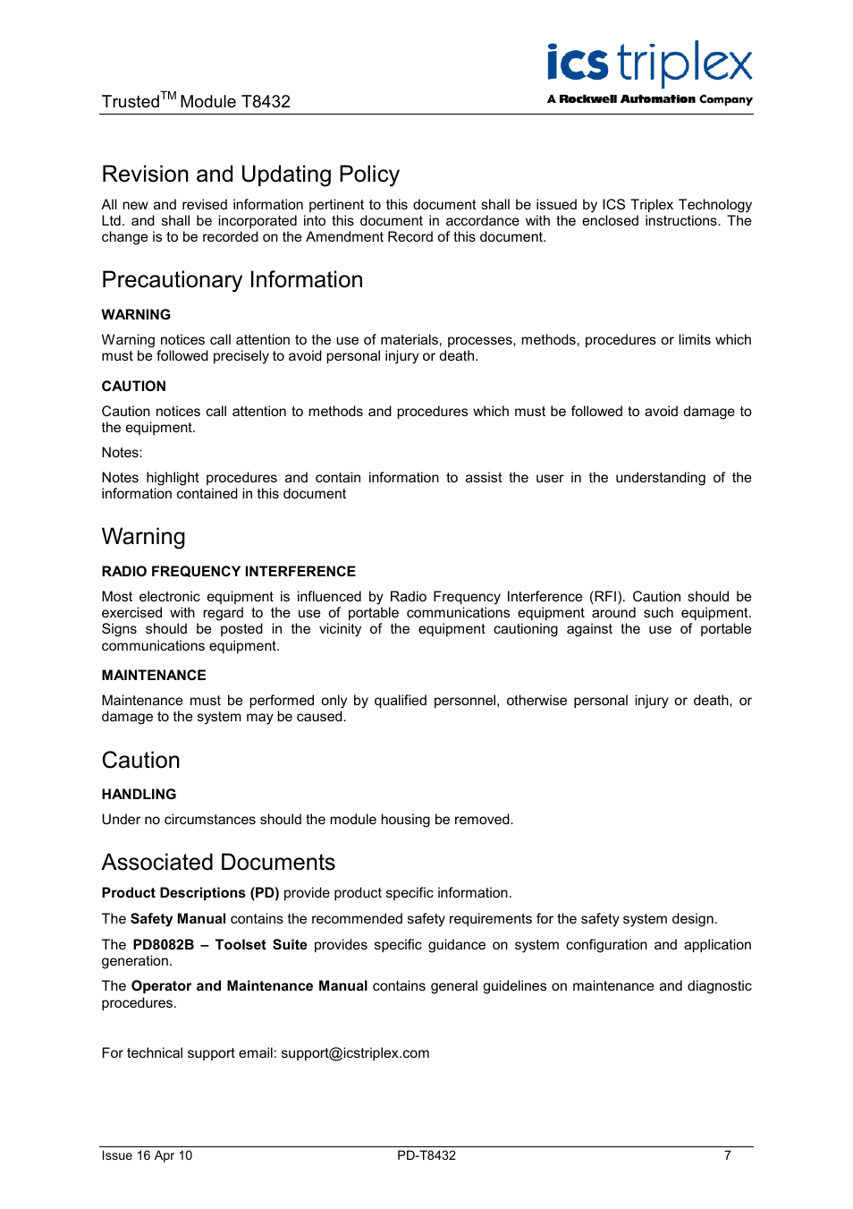 Description, Revision and updating policy, Precautionary information | Warning, Caution, Associated documents | Rockwell Automation T8432 Trusted Dual Vdc Analogue Input Module - 60 Channel User Manual | Page 7 / 33