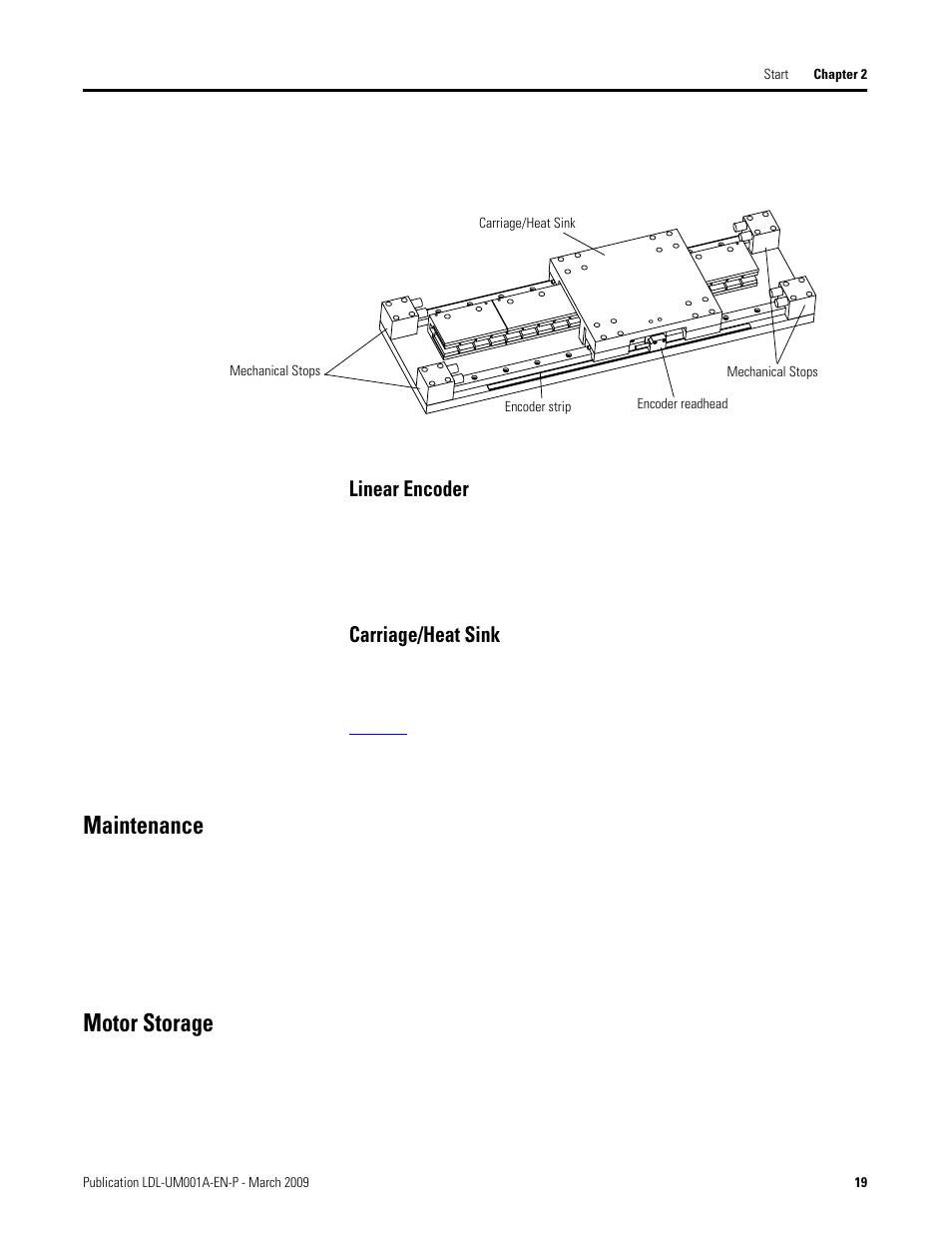 Maintenance, Motor storage, Linear encoder carriage/heat sink | Maintenance motor storage, Linear encoder, Carriage/heat sink | Rockwell Automation LDL Ironless Linear Servo Motors User Manual | Page 19 / 84